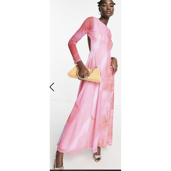 Topshop Pink Watercolor Maxi Dress Abstract Open Back Sz 4-6 Small NWT - Picture 2 of 9